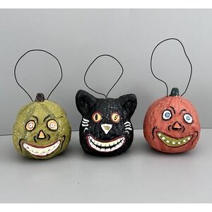 Bethany Lowe 2 Pumpkins & Black Cat Glitter Ornament Halloween Folk Art Dept. 56